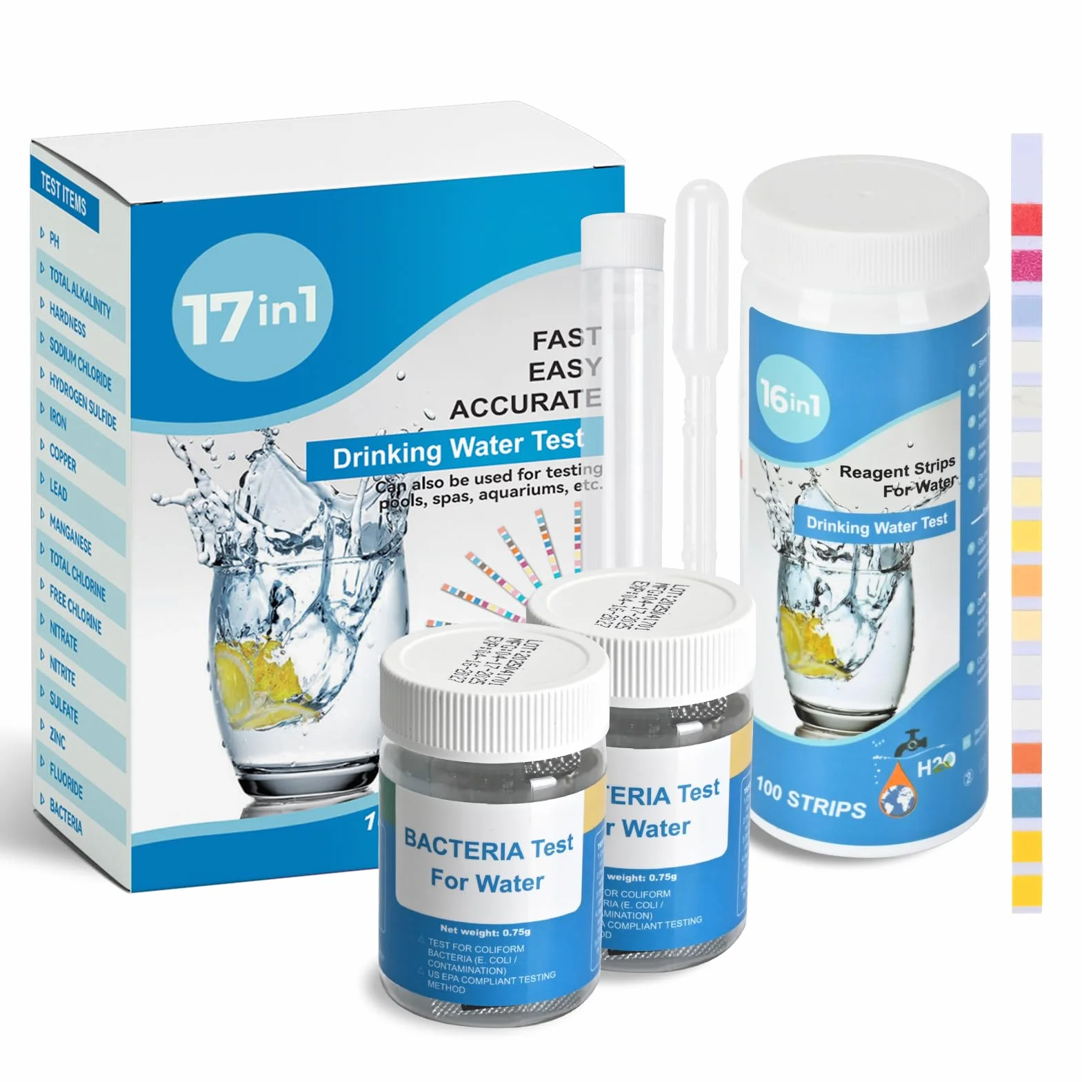 Tiras Reactivas Agua Potable 17 EN 1 (100 tiras con 16 parámetros y 2 Test bacterias), Análisis integral calidad agua de pH, dureza total, cloro total, cloro libre, fluoruro y más para piscinas